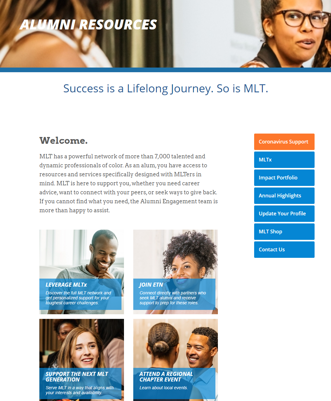 Screenshot of MLT Alumni Resources Webpage